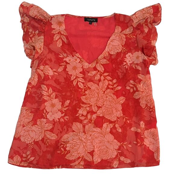 1.State (S) Floral Ruffle Short Sleeve V-Neck Chiffon Blouse Top Fully Lined - Picture 12 of 14